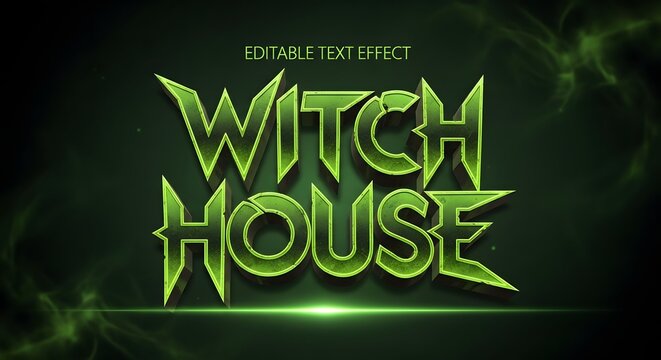 Witch house editable text effect with sharp metallic green lettering and dark smoke background, horror fantasy game title design