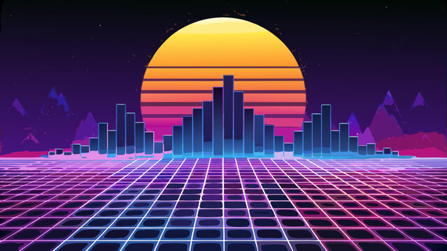 Retro futuristic synthwave landscape with mountain silhouette and sun synthwave vaporwave landscape mountain futuristic eighties background cyberpunk perspective aesthetic computer
