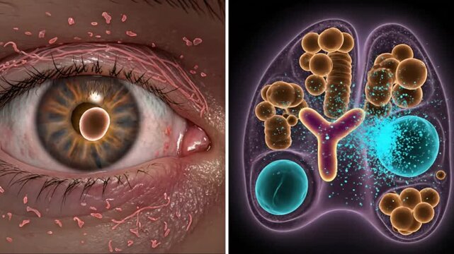 Graves disease pathology visualization showing bulging eye proptosis and microscopic TSH receptor stimulation by antibodies triggering inflammation