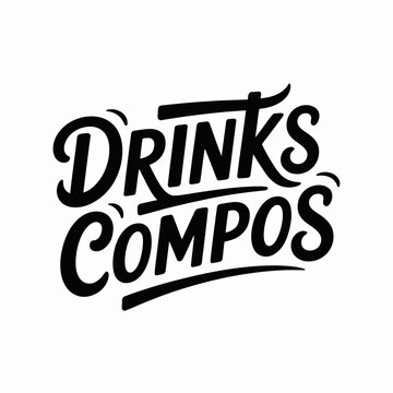 Black hand-drawn lettering spelling drinks compos on white