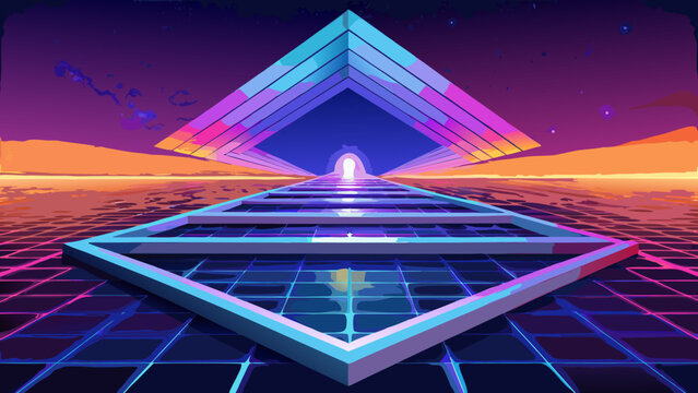 Abstract geometric pyramid portal in retro synthwave landscape with synthwave geometric vaporwave futuristic eighties background cyberpunk aesthetic computer abstract wallpaper electronic