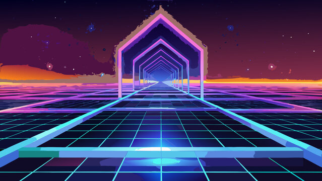 Neon synthwave tunnel perspective with glowing grid floor synthwave perspective vaporwave futuristic eighties background cyberpunk aesthetic computer abstract wallpaper electronic