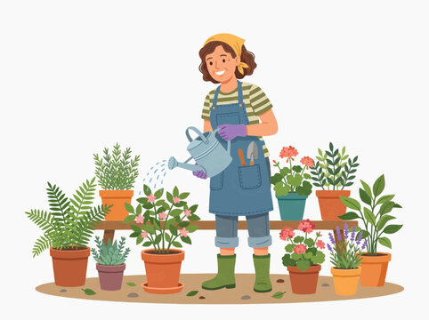 A woman wearing an apron and a bandana is watering a potted rose bush with a watering can, surrounded by various houseplants. She is tending to her plants with a happy expression.