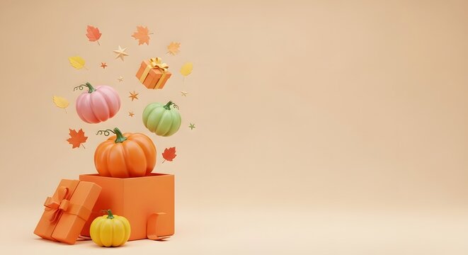 3d render of autumn pumpkins and gift boxes