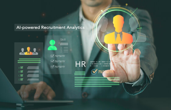 Businessman using digital HR interface for AI-powered recruitment analytics, team management system, workforce selection, talent acquisition strategy, and modern corporate hiring.