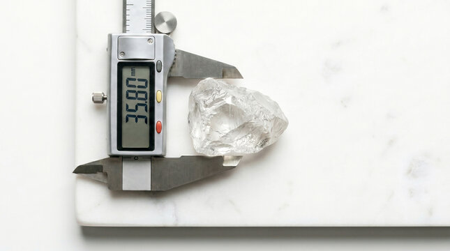 Uncut diamond gemstone accurately measured by digital caliper on white marble slab, representing gemology and jewelry valuation.