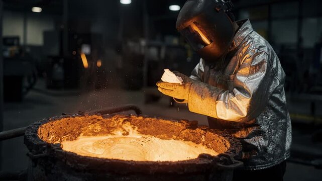Medium shot of a worker carefully adding tablet flux into a molten metal ladle to improve metal purity by removing impurities and oxides during refining.