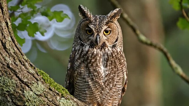 Long eared owl sits in tree during daylight hours in natural habitat watching surroundings closely