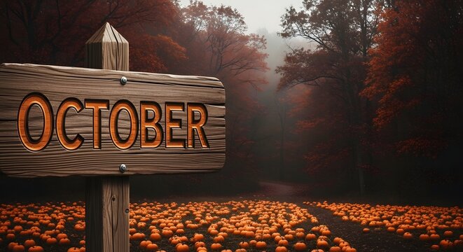 October wooden sign in a pumpkin patch with misty autumn forest