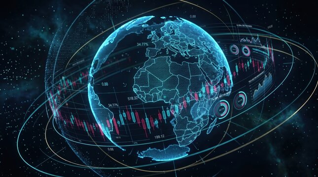 Digital globe with financial stock market data charts and graphs, global economy trading analysis, cryptocurrency blockchain technology concept