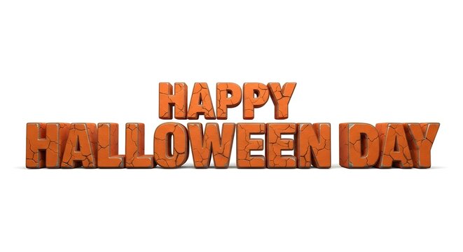 Happy halloween day 3d text with a cracked orange texture isolated on white background