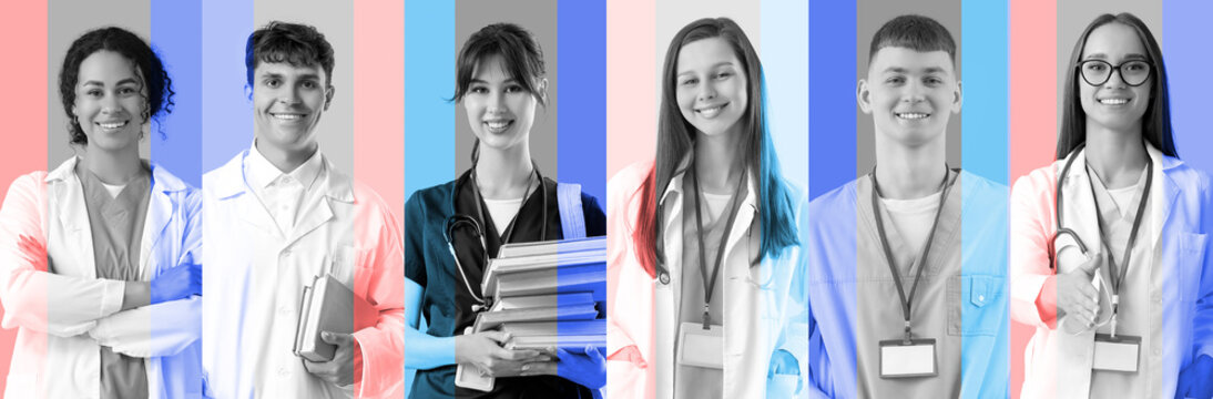 Diverse group of young medical professionals and students smiling, healthcare education and career development