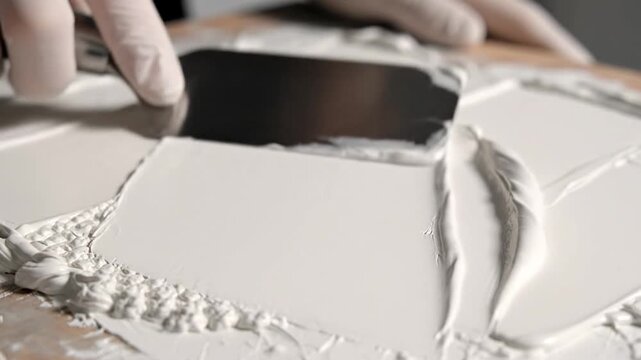Close-up of a gloved hand using a palette knife to spread white paste or paint on a textured surface.