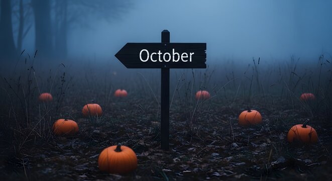 October signpost in a misty pumpkin patch at night