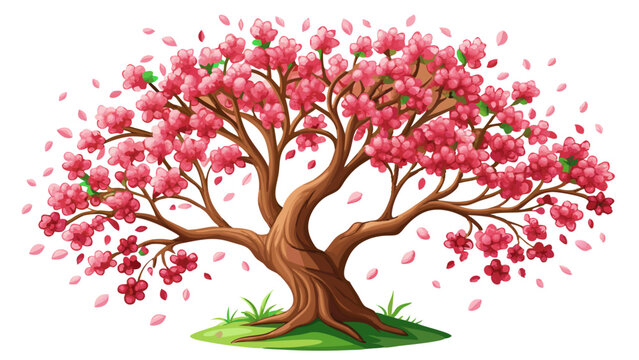 Pink flowering tree with falling petals and green leaves on a grassy patch botanical blooming vegetation floristry floristic floriculture