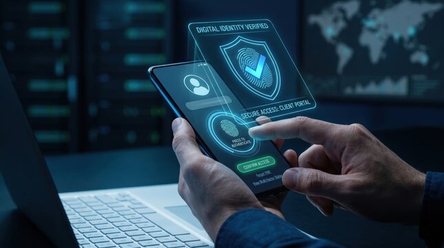 Secure digital identity verification using smartphone fingerprint scanner, biometric authentication for client portal access