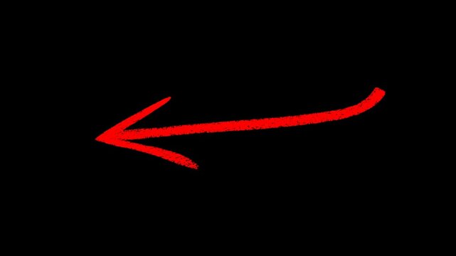 Red hand drawn arrow pointing left, marker style scribble motion graphic, isolated on black background, directional indicator, creative highlight element, emphasis symbol.
