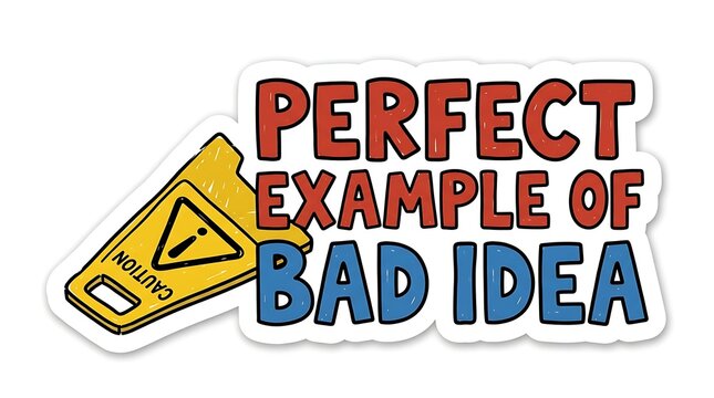 Warning sign for a bad idea: A sticker with a cartoon-style yellow caution sign featuring a warning symbol and text that reads PERFECT EXAMPLE OF BAD IDEA, suggesting a poor decision or action.