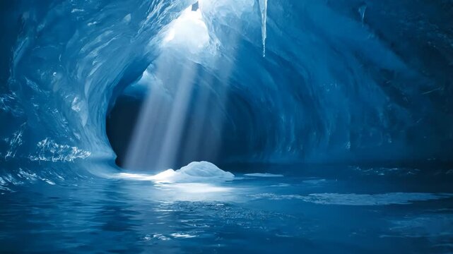 Sunlight beams penetrating a deep blue glacial ice cave, reflecting on the frozen interior surface with sharp icicles and textured crystalline walls in a remote polar environment.