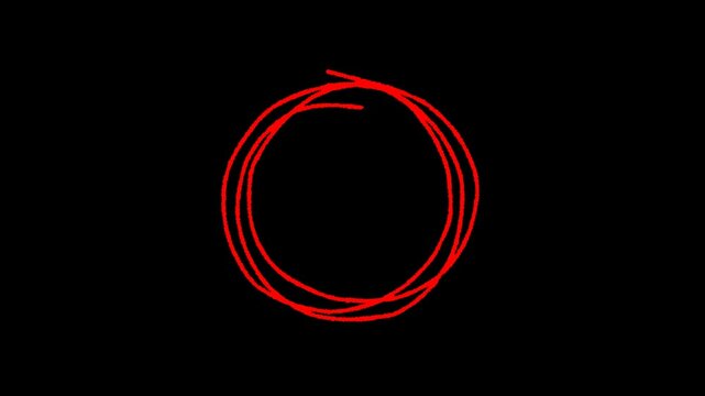 Red hand drawn scribble circle animation, multi-line marker style highlighting element, isolated on black background, professional motion graphic, emphasize symbol, creative design.
