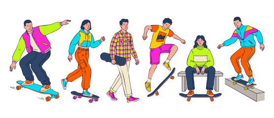 Fototapeta premium Skateboarders vector illustration group riding, posing and performing street tricks in colorful retro casual streetwear outfits, active teenager lifestyle concept graphic design elements isolated on w
