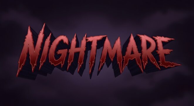 Nightmare horror text effect with 3d red jagged letters on a dark purple cloudy background