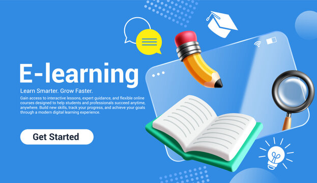 E Learning online education banner clipart. E Learning banner clip art with open book, magnifying glass and pencil in blue background for online course, digital learning, educational platforms.