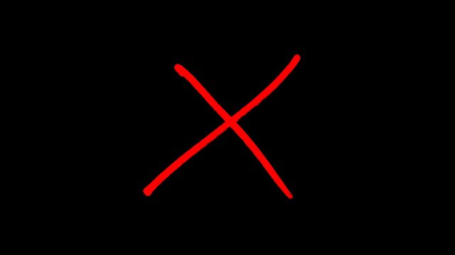 Red hand drawn X mark animation, scribble style cross symbol, error indicator on black background, rejected sign, incorrect answer icon, cancel motion graphic.
