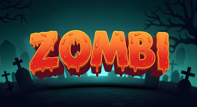 Zombi 3d text effect with melting blood style, spooky graveyard background