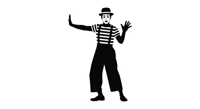 Mime performer in striped shirt and hat silhouette