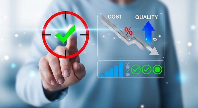 Business professional touching a digital interface showing cost reduction and quality improvement