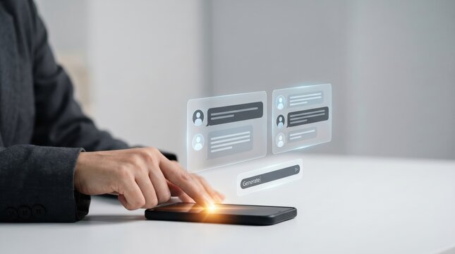 Businesswoman using smartphone with virtual assistant chatbot for customer service and AI communication.