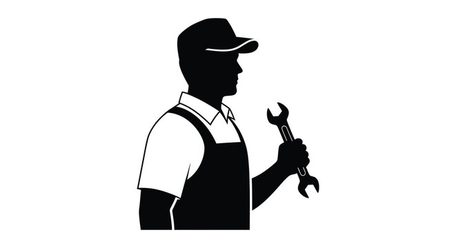Mechanic with wrench tool in black silhouette