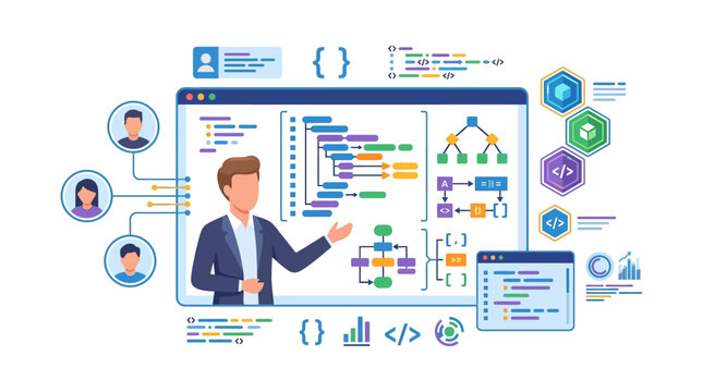 Vector illustration of a male instructor teaching computer science and software development, presenting code logic, flowcharts, and programming syntax on a digital interface screen.