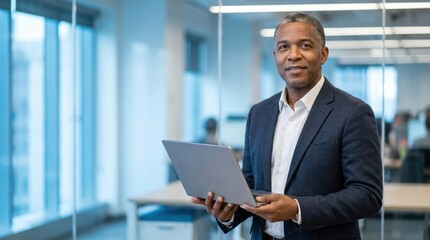 Fototapeta premium Confident African American businessman holding laptop in modern office environment.