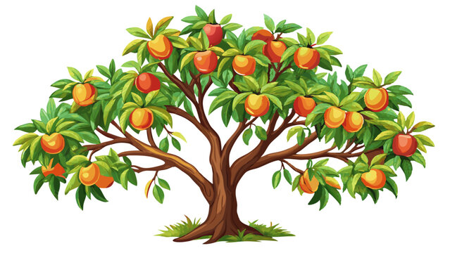 A illustration of a peach tree with ripe fruits and lush green leaves fruit tree summer fruit vitamin c vitamin a healthy eating healthy food