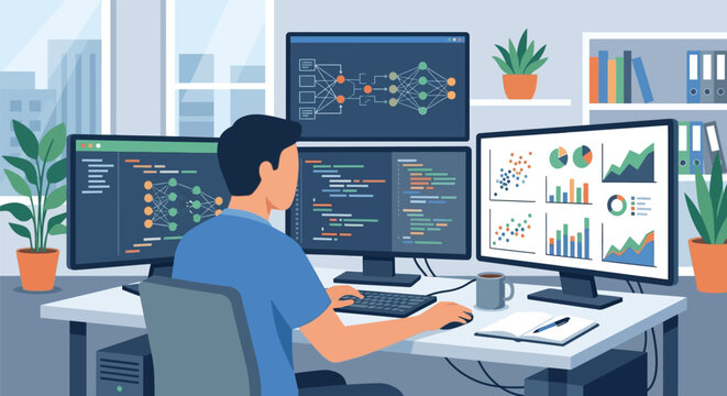Flat Vector Illustration of a Data Scientist Sitting at a Desk with Four Monitors Displaying Neural Network Diagrams, Software Code, and Data Analytics Charts in a Modern Office.