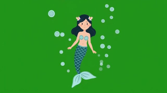 A cute cartoon illustration of a mermaid swimming underwater with bubbles isolated on a solid green screen chroma key background