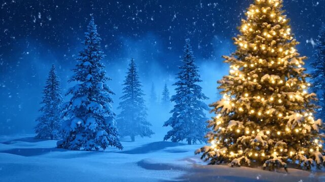 Glowing gold Christmas tree standing in a dark snowy pine forest under night sky as a perfect winter background