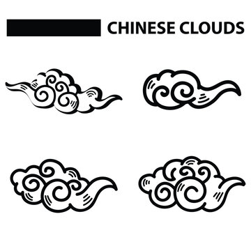 Japanese or Chinese cloud vector set in elegant hand drawn line art style with traditional decorative elements.