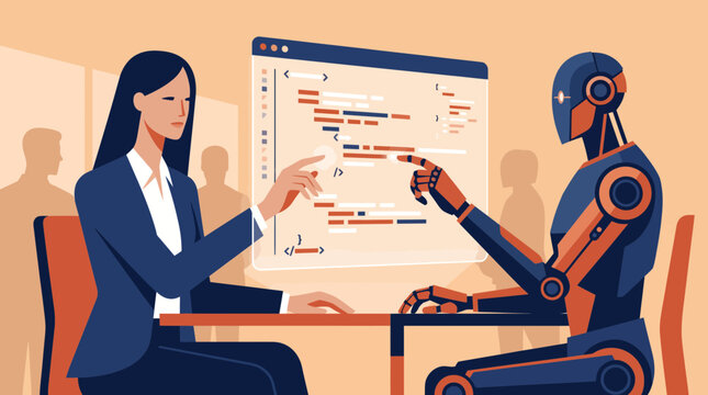 Business woman and humanoid robot collaborating on computer code