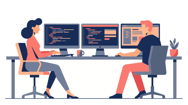 Software developers coding on multiple monitors in office