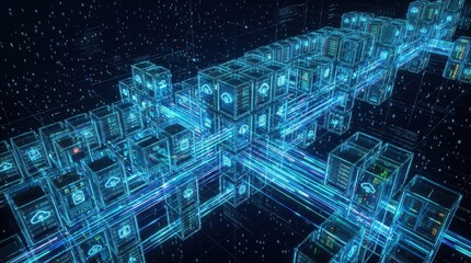 Fototapeta premium Cloud Computing and Big Data Infrastructure Concept: Futuristic Digital Network with 3D Server Cubes and High-Speed Data Transfers in a Virtual Space