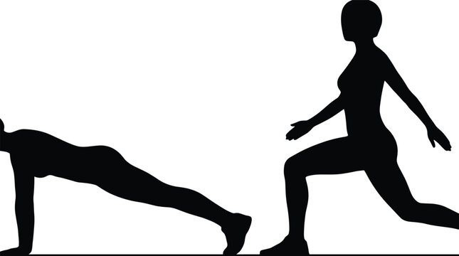 Female Fitness Exercise Silhouette Collection Featuring Push Up and Lunge Workout Poses for Training and Wellness