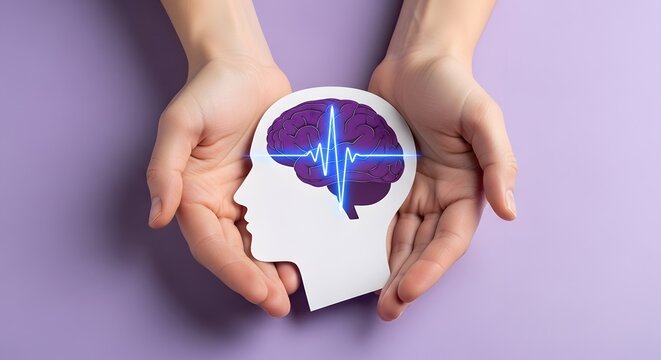 Mental health care concept. Hands holding paper head with brain and glowing pulse line.