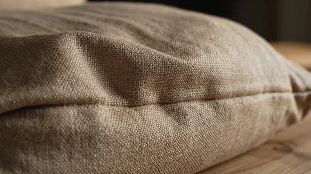 Close-up view of a textured, neutral-colored linen pillow resting on a wooden surface, highlighting its fabric weave and soft folds.