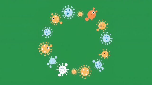 Abstract illustration of various colorful virus particles arranged in a circular frame isolated on a solid green screen chroma key background