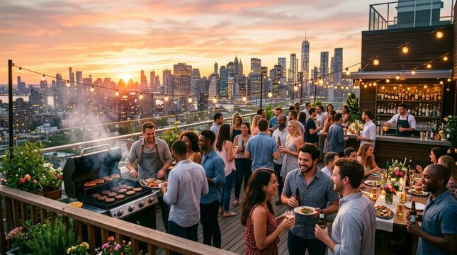 Group of friends enjoying a rooftop barbecue party overlooking the New York City skyline at sunset.