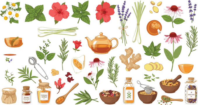 Organic herbal tea ingredients and botanical elements set featuring teapot ginger chamomile lavender hibiscus and echinacea flowers for natural wellness packaging design