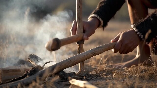 Traditional fire making demonstration during eco-cultural trekking at a sustainable farm stay showcasing indigenous survival skills and hands-on ec...